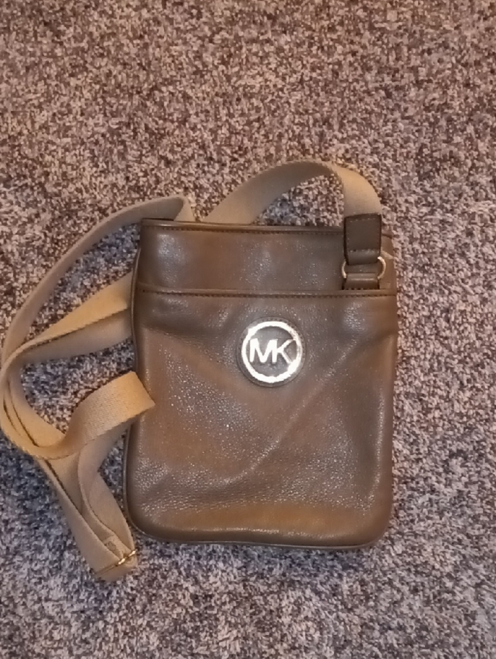 Michael Kors Taupe Leather Messenger Bag with MK Emblem